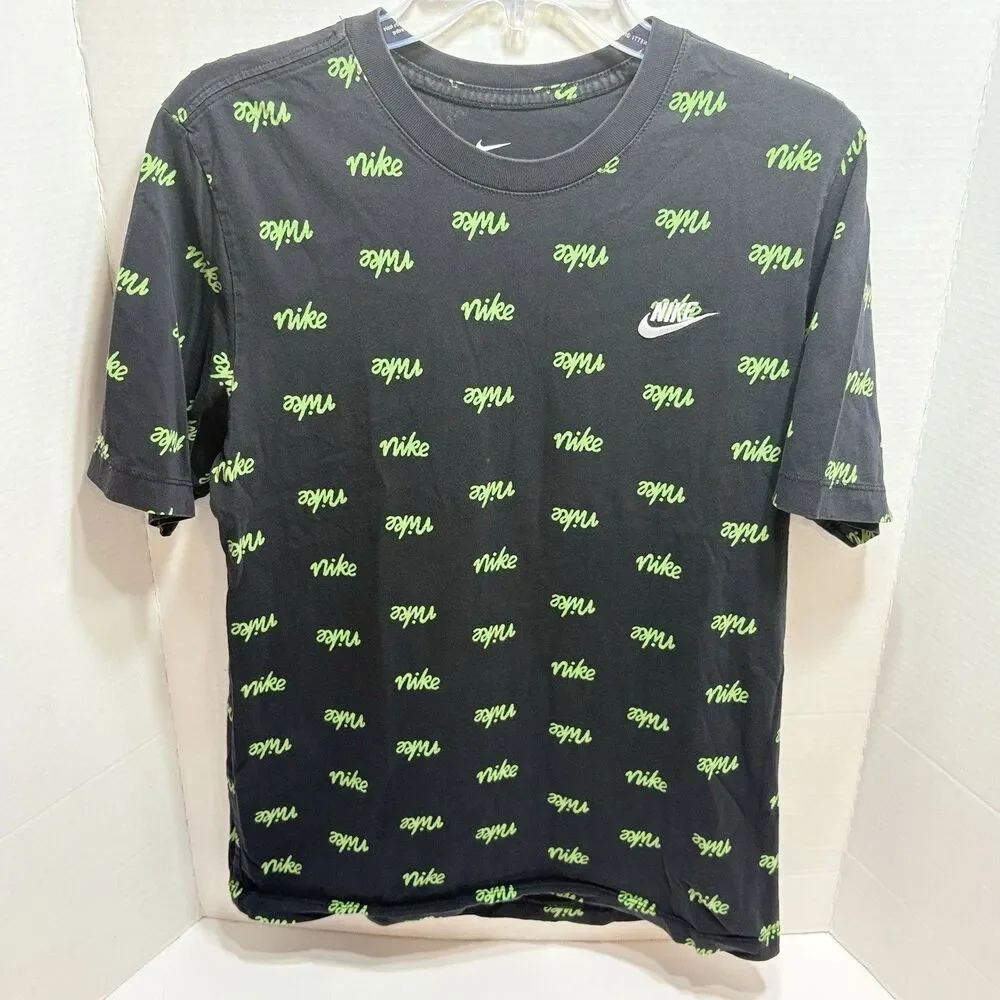 Nike T Shirt Mens M Swoosh Multi Logo All Over Print AOP Streetwear Black Green